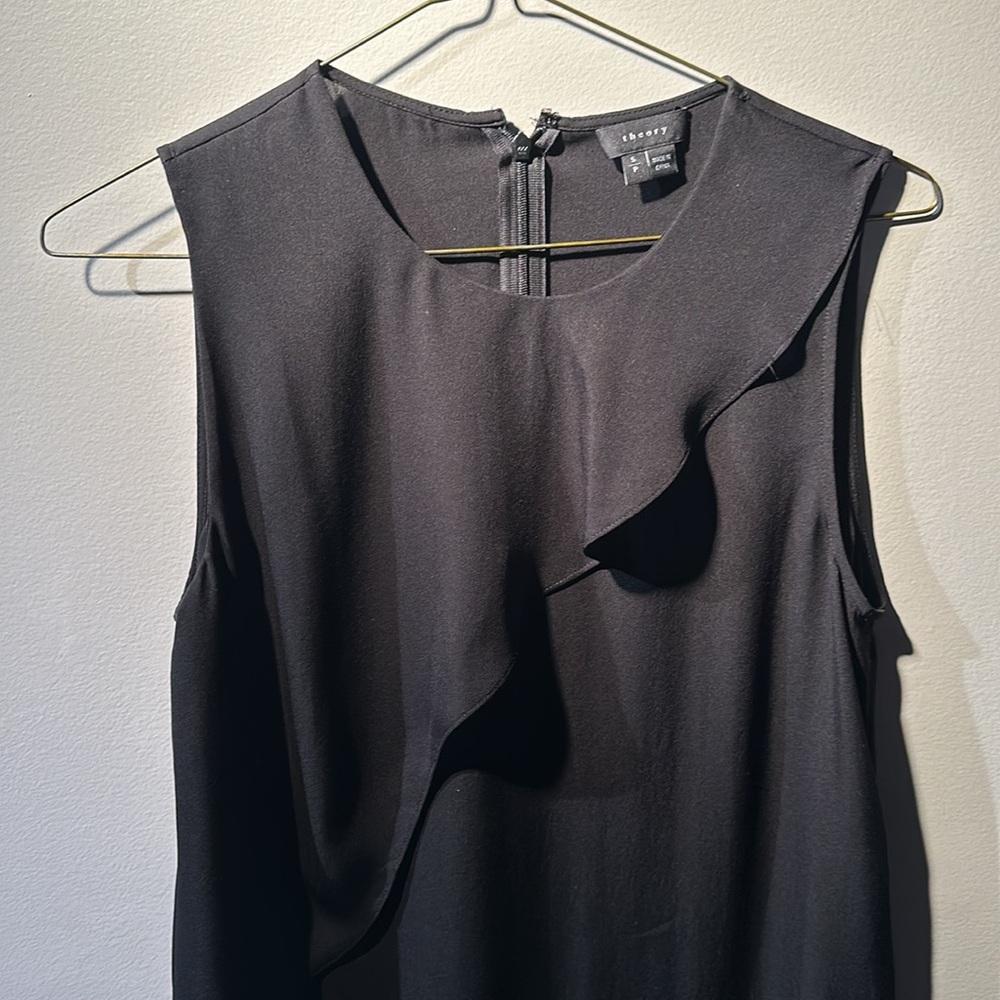 Theory black silk tank blouse with ruffle detail